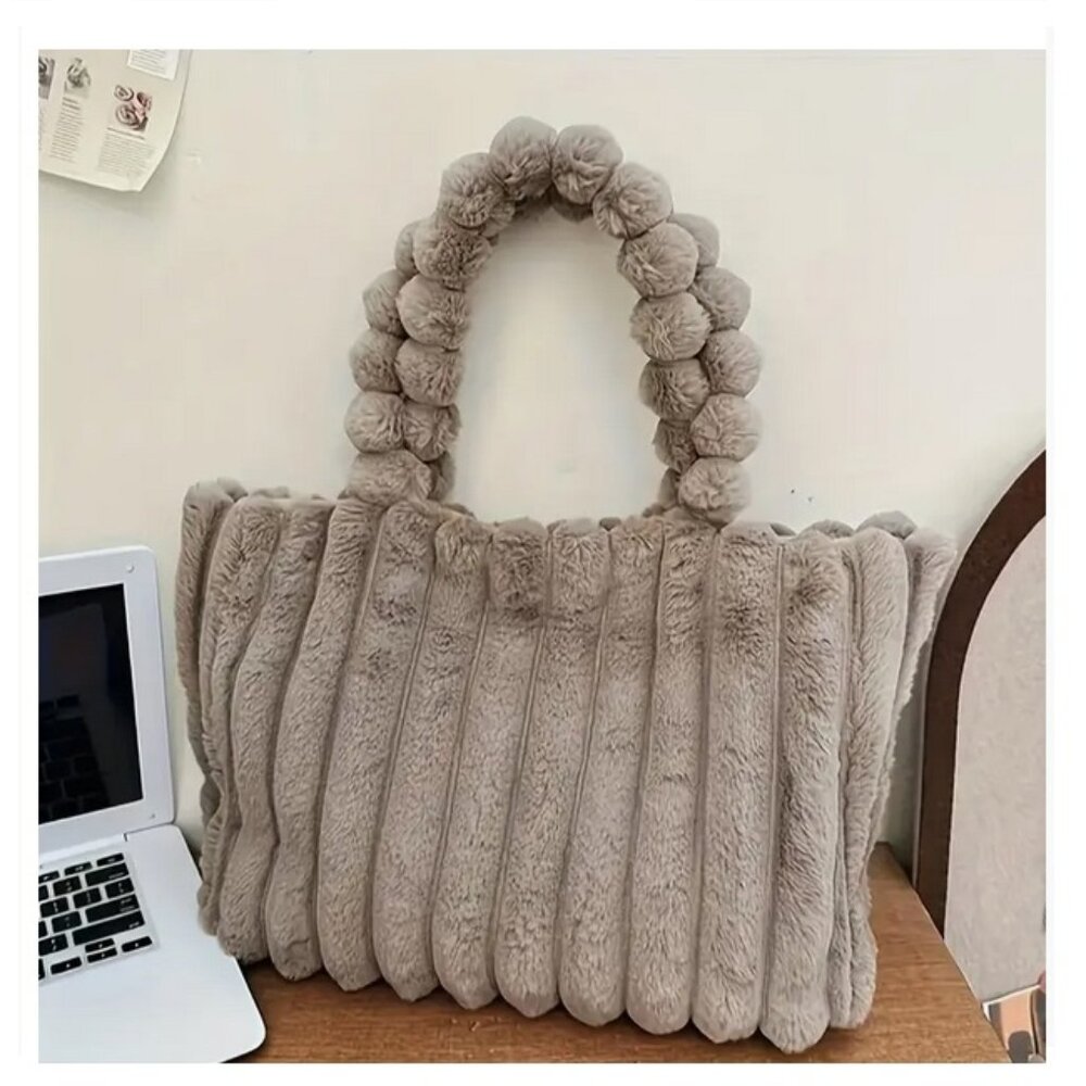 NWT Handbag Purse Shoulder Bag Faux Fur Fuzzy Soft Plush Handheld TAUPE BROWN